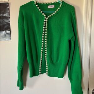 Self Same Green Pearl Trim Cardigan Sweater Preppy Chic